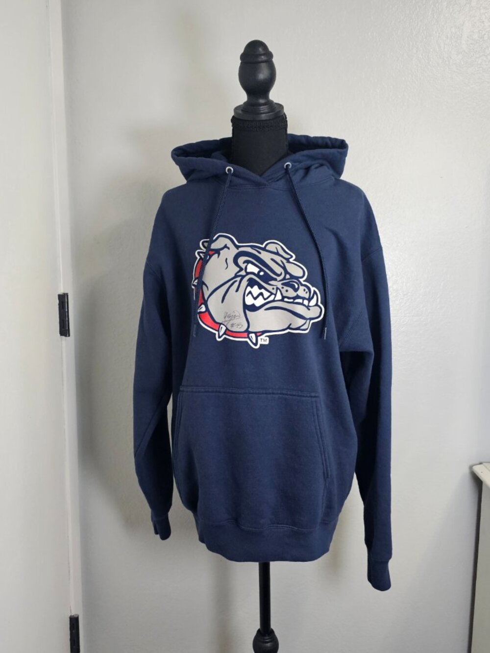 Large Bulldog Print Blue Pullover Fleece Hoodie Men's Sweatshirt - Size Medium - Picture 2 of 7